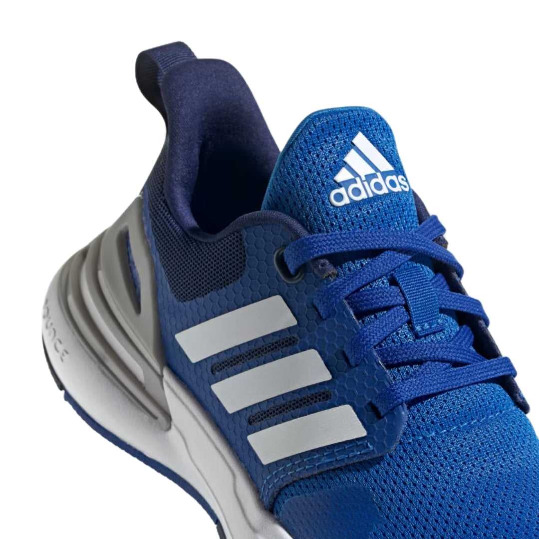 adidas Kid's RapidaSport Shoes in vibrant blue and white, featuring a breathable mesh upper and cushioned sole for active kids.