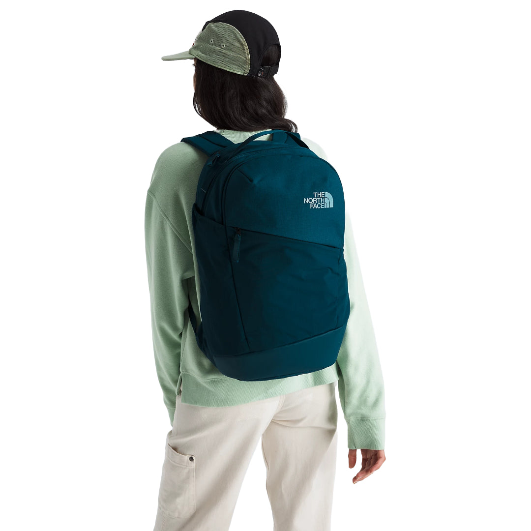The North Face Women’s Isabella Backpack 3.0 in black, featuring a sleek design, multiple compartments, and adjustable shoulder straps.