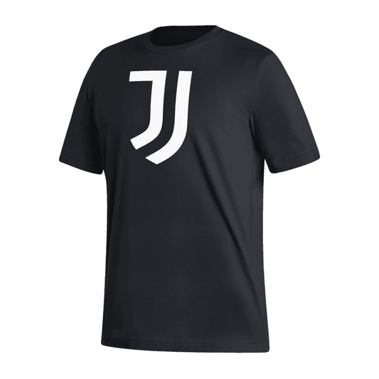adidas Men's Juventus Short Sleeve Crest Tee in black, featuring the Juventus crest on the chest and a comfortable, sporty fit.