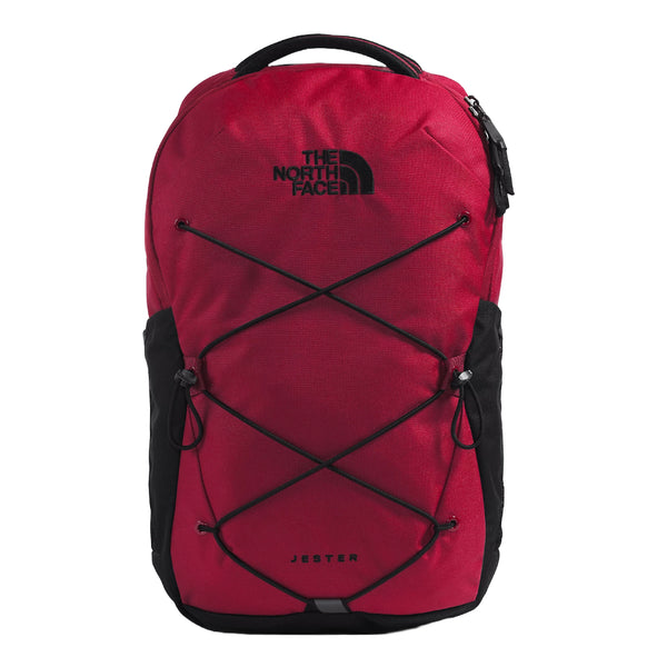 The North Face Jester Backpack in black, featuring a spacious design with multiple compartments and adjustable shoulder straps.
