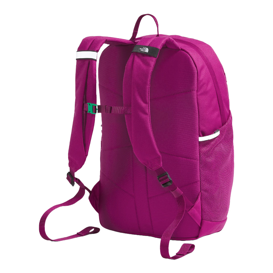 The North Face Youth Court Jester Backpack in blue, featuring a spacious main compartment, front bungee system, and padded shoulder straps.