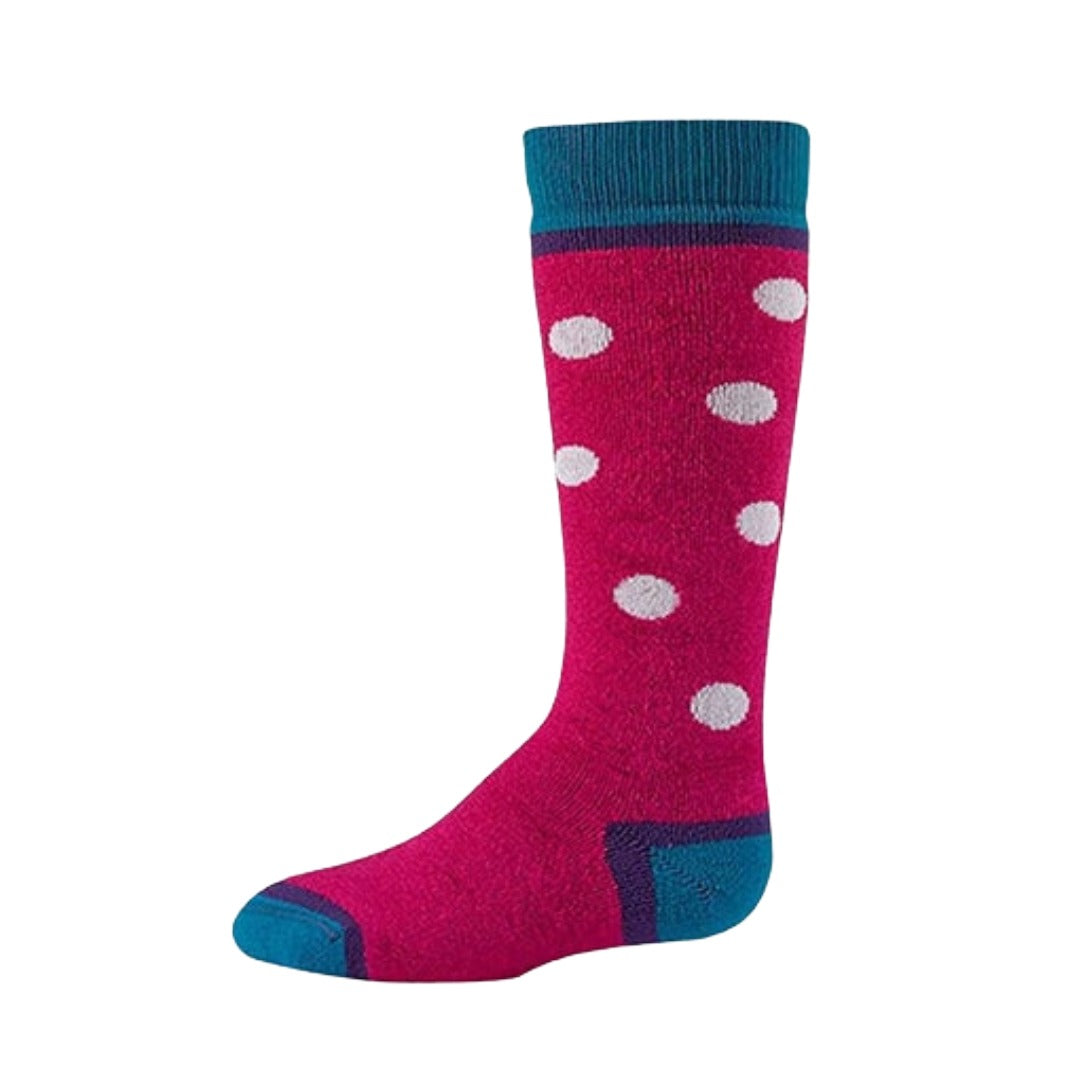 Wigwam Snow Dot kids’ winter socks featuring warm wool-blend knit construction, cushioned comfort, colorful cold-weather styling, and boot-ready design for snow activities