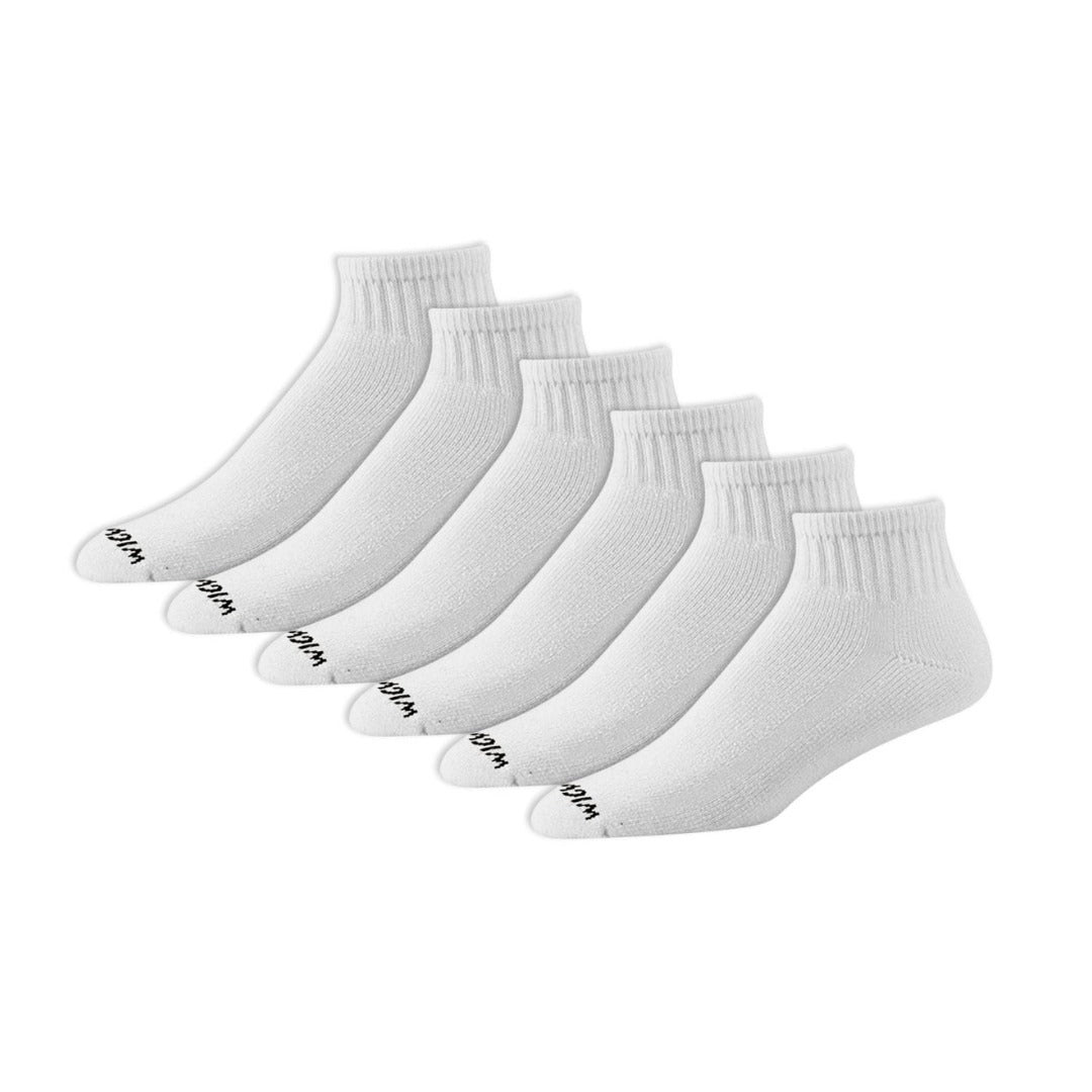 Wigwam Super 60 quarter socks in a 6-pack, featuring cushioned cotton-blend construction, breathable vent panels, and durable athletic quarter-length design for everyday comfort.