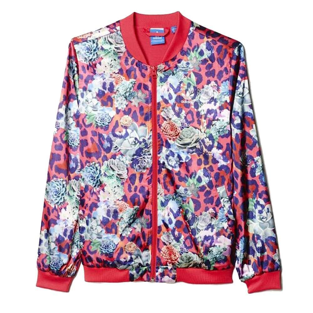 A front view of the adidas Girls Originals S Rose Satin Jacket in pink