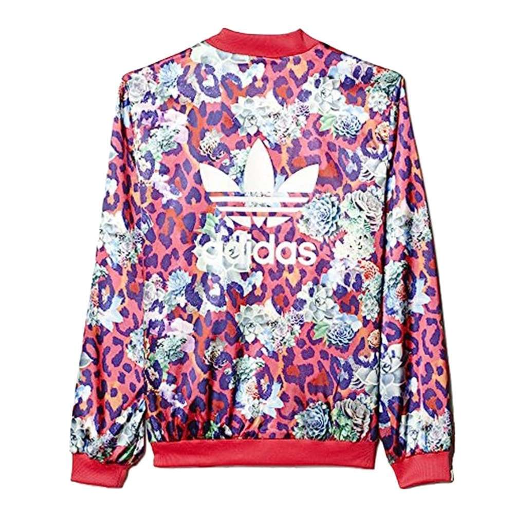 A front view of the adidas Girls Originals S Rose Satin Jacket in pink