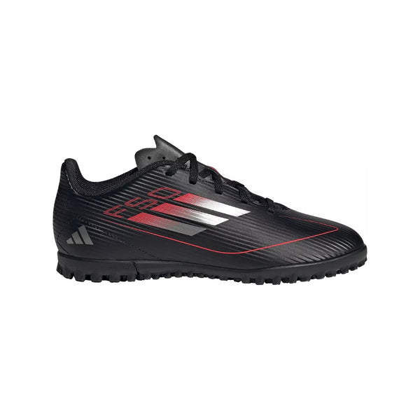adidas Kids' F50 Club Turf Soccer Shoes in bright red with black accents and F50 logo, designed for artificial turf surfaces.