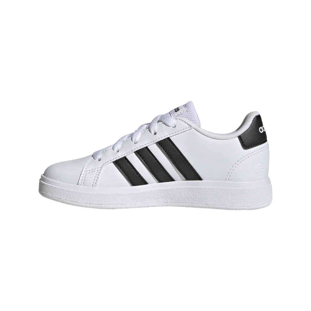 adidas Kids’ Grand Court 2.0 Tennis Shoe in white with classic 3‑Stripes and durable rubber sole.