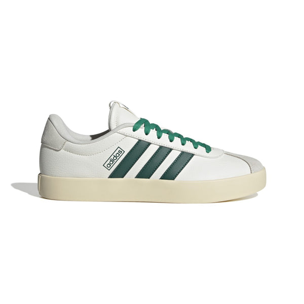 Adidas Men’s VL Court 3.0 in Core White with Collegiate and Court Green accents, side view showing 3-Stripes and low-profile design.