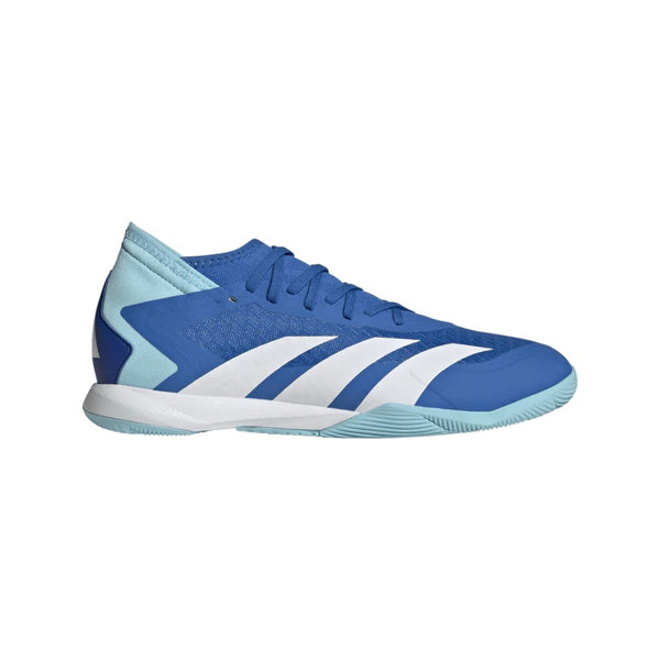Side profile of adidas Predator Accuracy.3 L IN indoor soccer shoe in bright royal blue with white three-stripe branding and light blue sole.