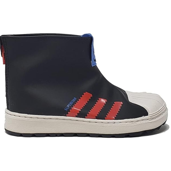 adidas Toddler Superstar 360 Rain shoes in Core Black with Bright Red and Focus Blue details, side view.