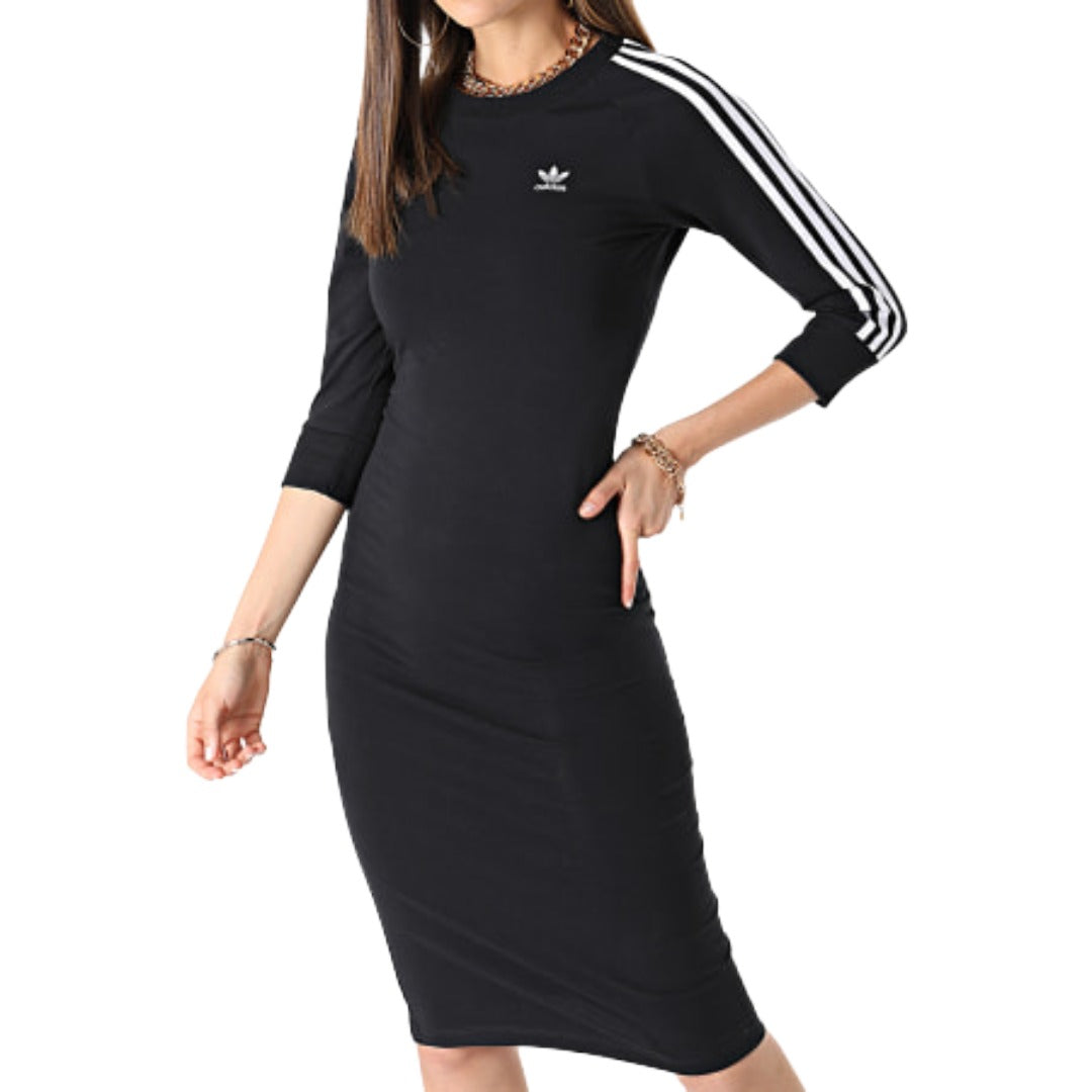 adidas Women’s 3 Stripes Dress in black with white 3-Stripes on sleeves and white Trefoil logo on chest.