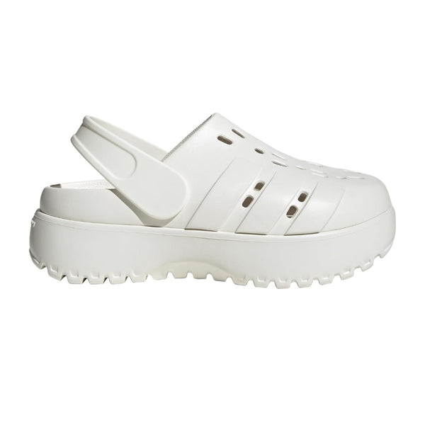 adidas Women's Adilette Clog Platform Slide Sandals in white with black 3-Stripes and chunky sole