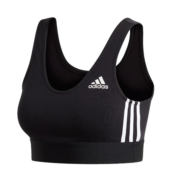adidas Women’s Must Haves 3-Stripes Bra Top in black with white side stripes and adidas logo on the chest.