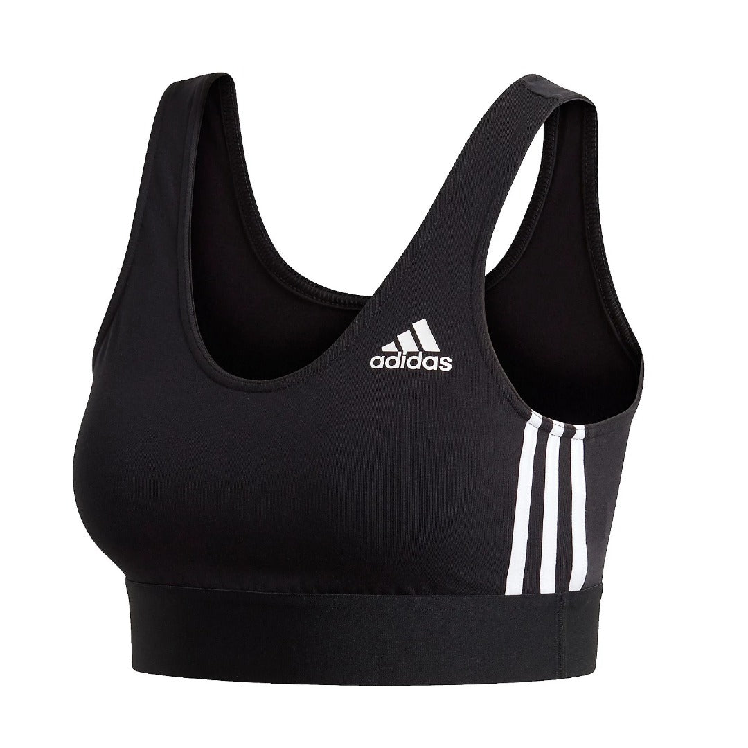 adidas Women’s Must Haves 3-Stripes Bra Top in black with white side stripes and adidas logo on the chest.