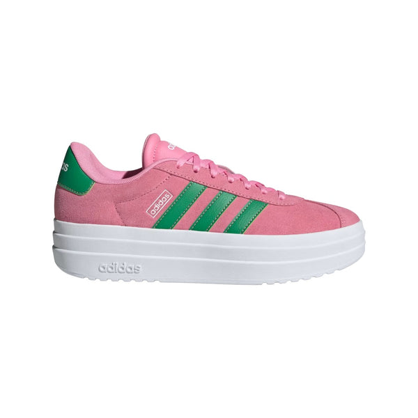 adidas Women’s VL Court Bold in Bliss Pink suede with Green stripes and Cloud White platform sole, side view.