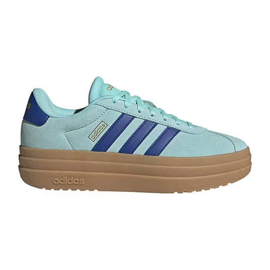Adidas Women’s VL Court Bold sneaker in Flash Aqua, Team Royal Blue, and Gold Metallic with suede upper and platform outsole.