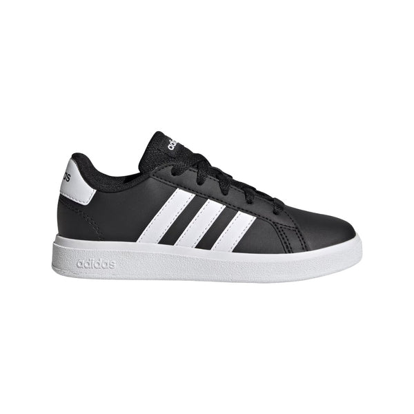adidas Youth Grand Court 2.0 sneakers in Core Black with Cloud White 3-Stripes, side view.