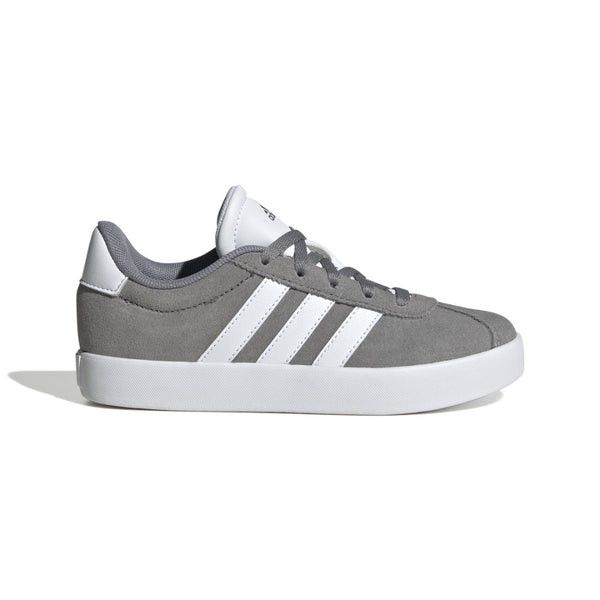 Gray adidas Youth VL Court 3.0 sneakers with white stripes and rubber sole, side view.