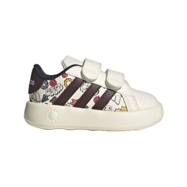 adidas Kids Grand Court 2.0 Sneaker in white with black 3‑Stripes and a durable rubber sole.