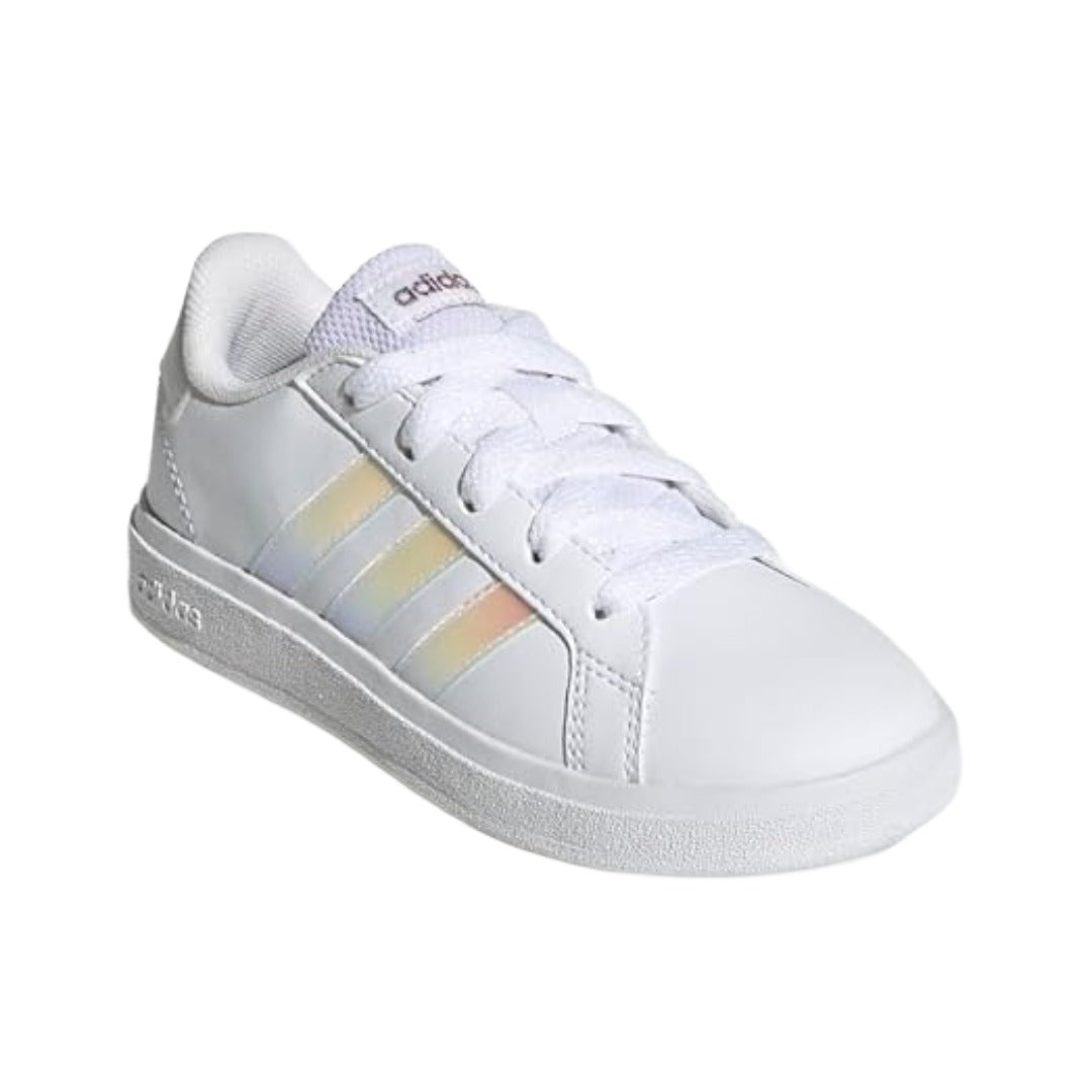 adidas Kids' Grand Court 2.0 Sneakers featuring white synthetic upper with black 3-Stripes and a classic tennis-inspired design