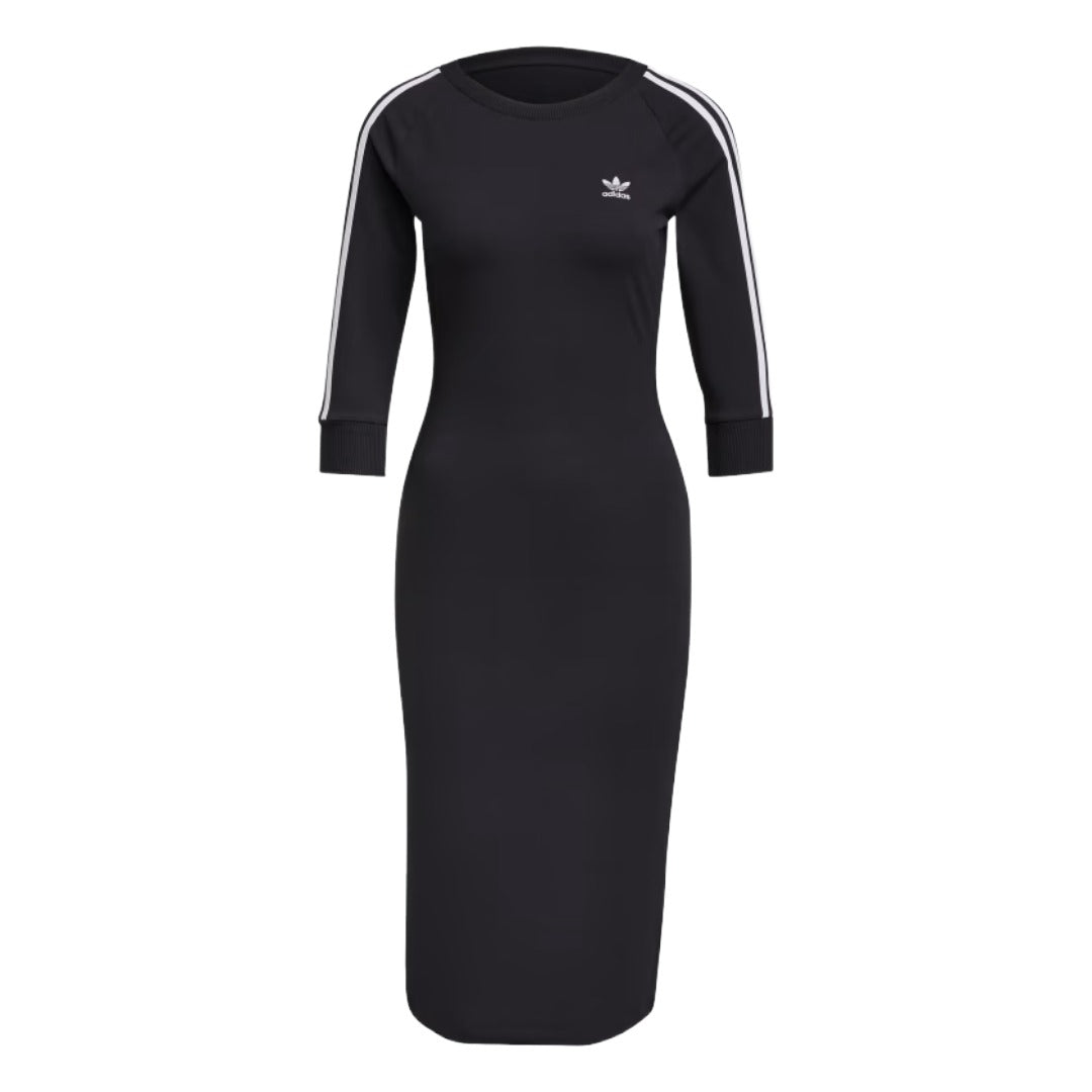 adidas Women’s 3 Stripes Dress in black with white 3-Stripes on sleeves and white Trefoil logo on chest.