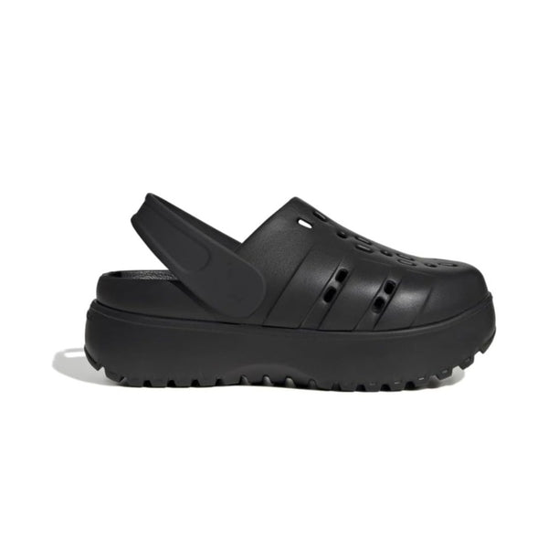 adidas Women's Adilette Clog Platform Slide Sandals in white with black 3-Stripes and chunky sole