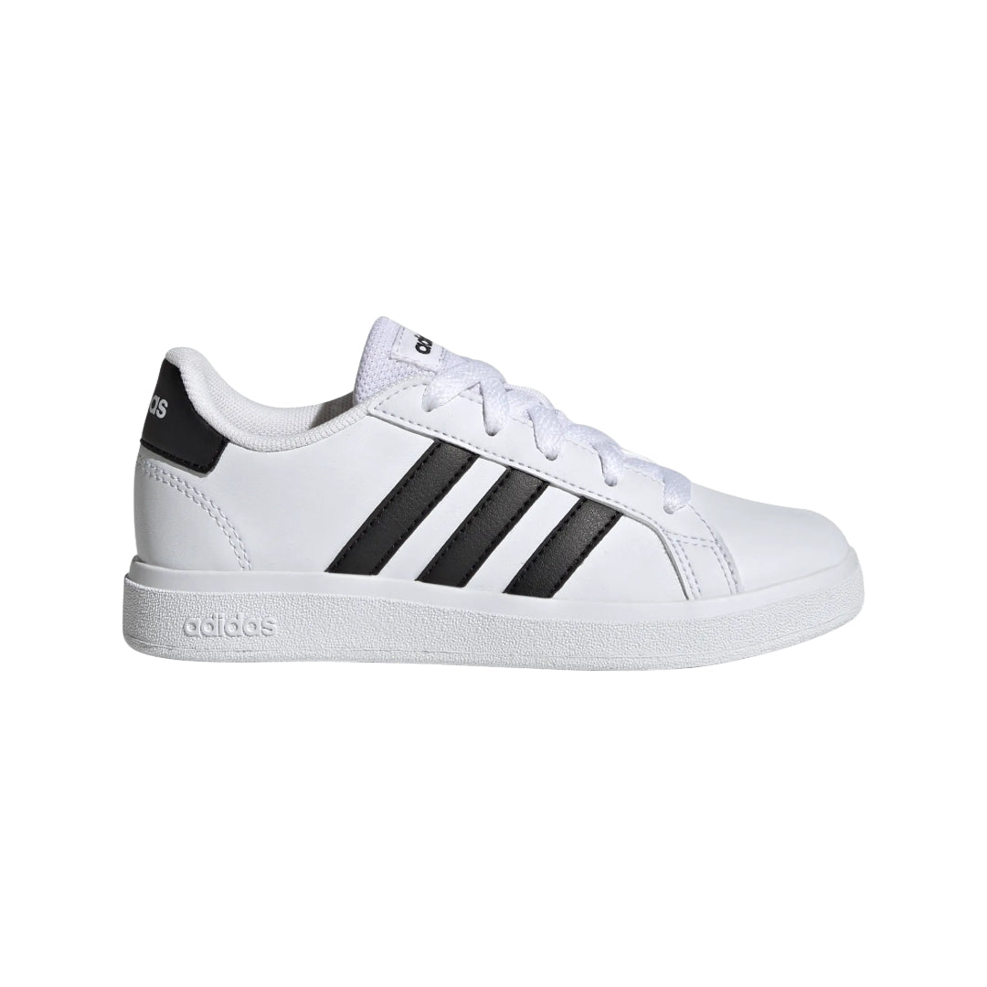 adidas Kids’ Grand Court 2.0 Tennis Shoe in white with classic 3‑Stripes and durable rubber sole.