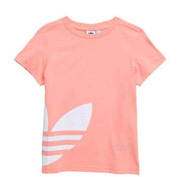 adidas Originals Kids' Big Trefoil Logo Tee in black featuring oversized white Trefoil logo on chest with short sleeves and ribbed crewneck.