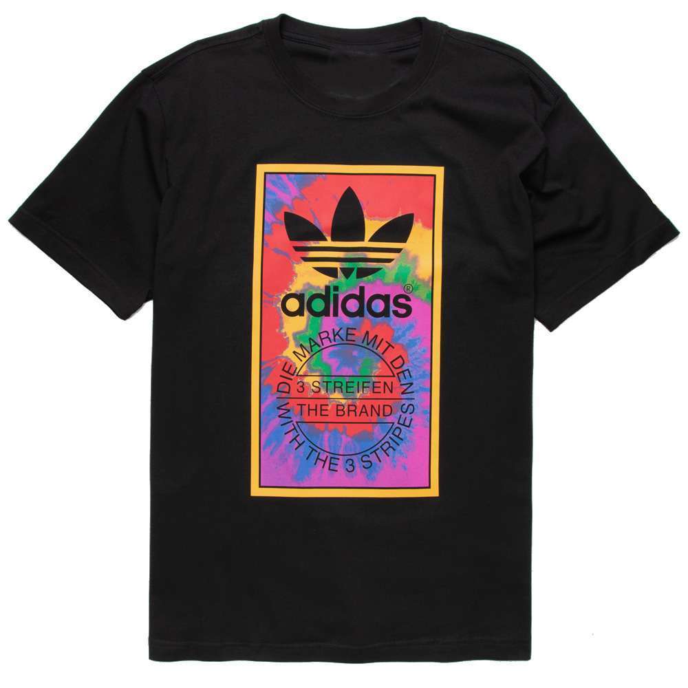 adidas Originals Kid’s Tie-Dye Tongue Label Tee in multicolor with bold adidas tongue label graphic on chest.