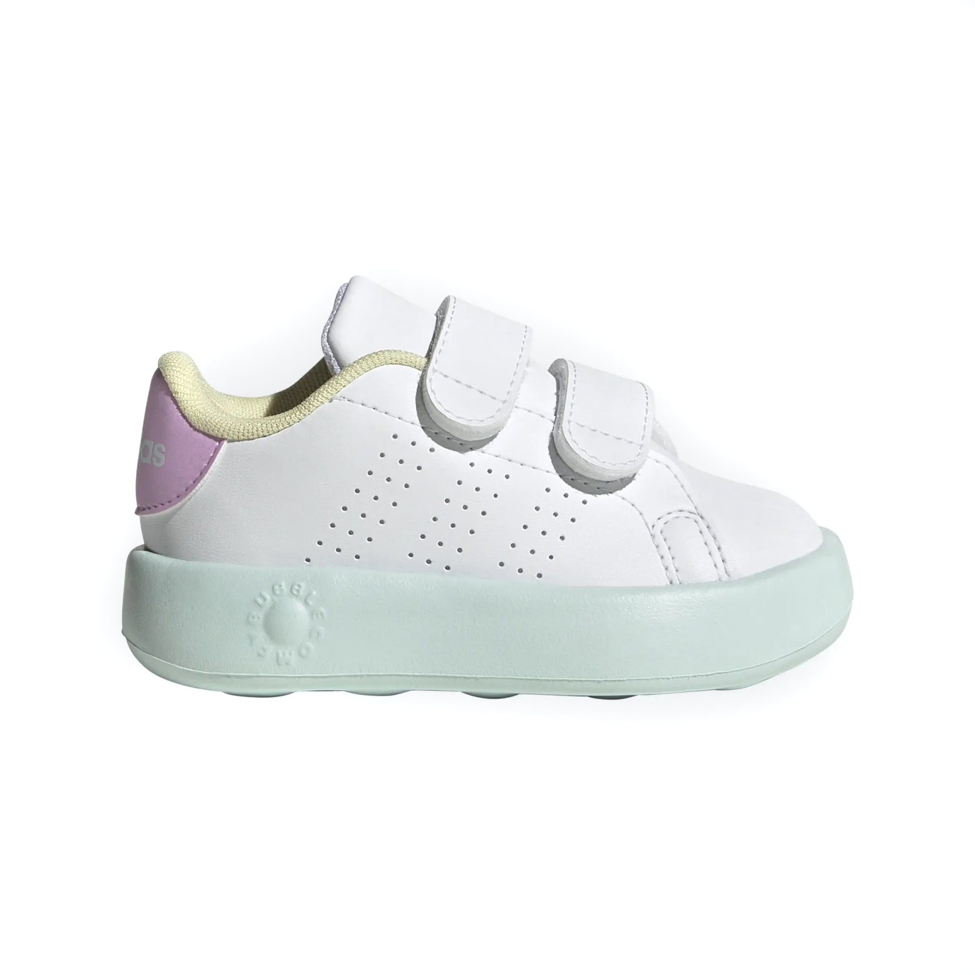 adidas Unisex‑Child Advantage Shoes in white with perforated 3‑Stripes, elastic laces, and hook‑and‑loop strap on a durable rubber sole.