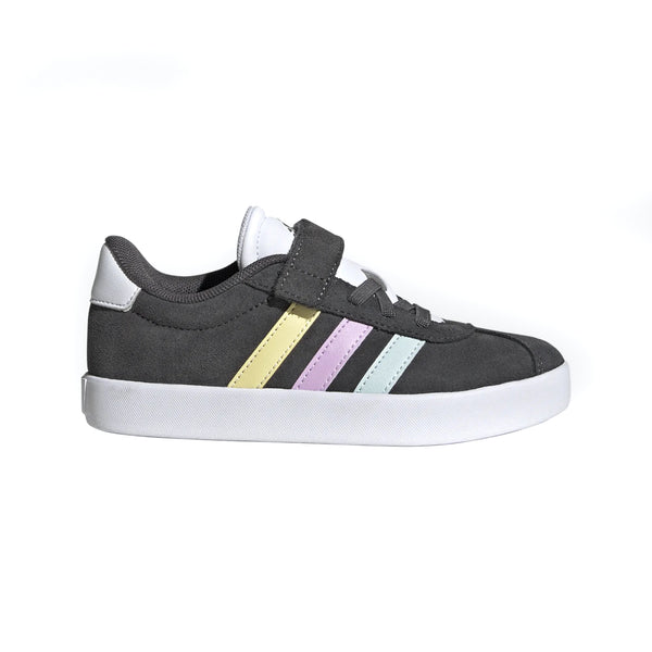 adidas VL Court 3.0 EL C Sneaker for kids with grey suede-like upper, elastic laces, and hook-and-loop strap closure.