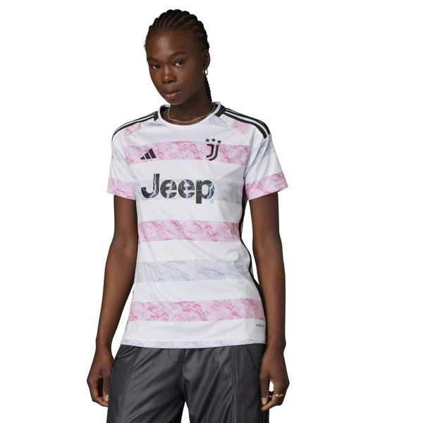adidas Women’s Juventus Turin 2023/24 Away Jersey in white with black and grey mountain graphic, Juventus crest, and adidas 3-Stripes on shoulders.