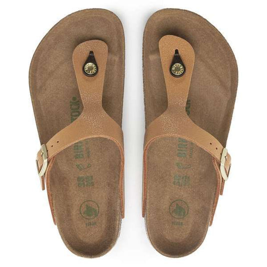 A Birkenstock Gizeh Vegan sandal in pecan color, displayed on a white background, showcasing its sleek design, adjustable strap, and contoured footbed