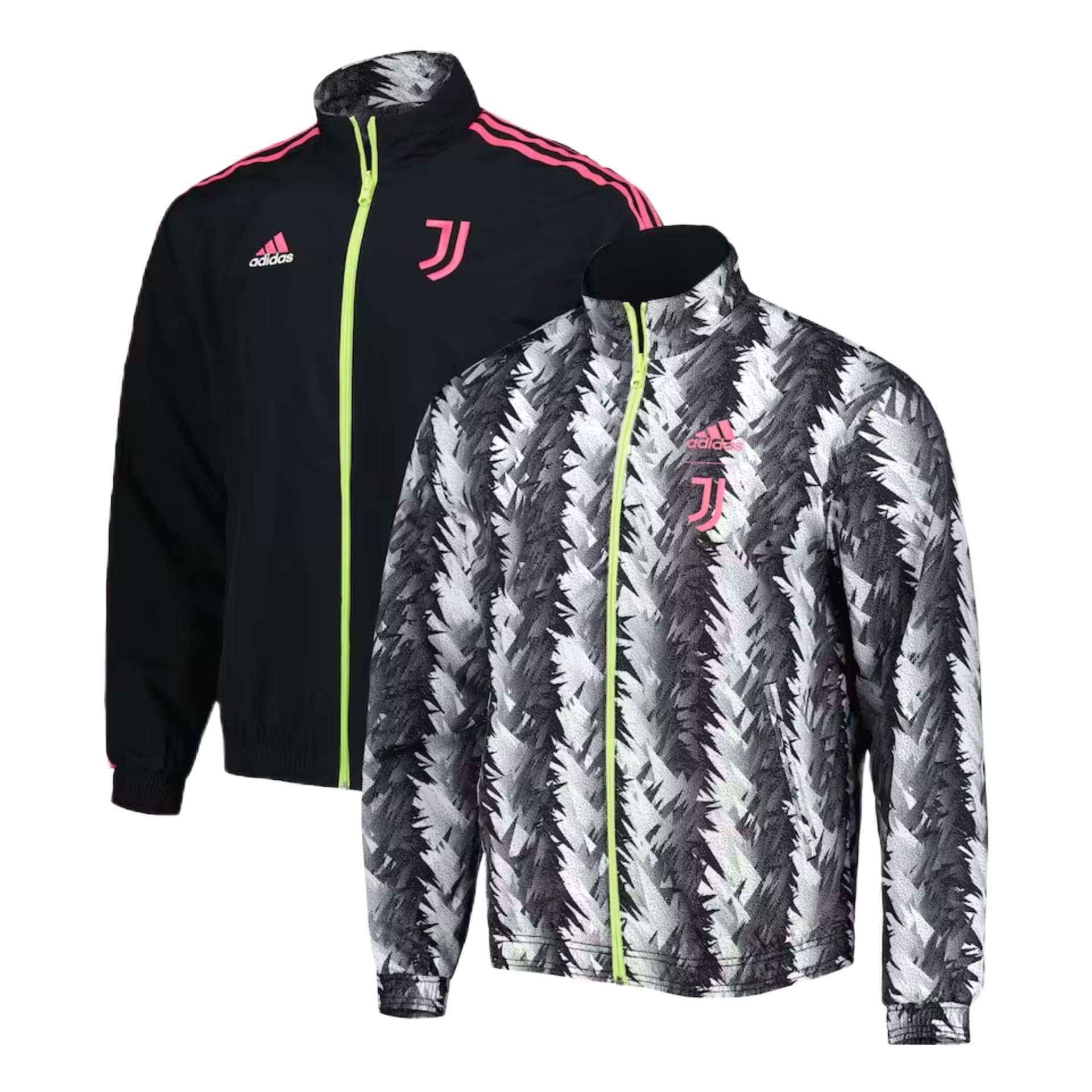 A reversible track jacket in black featuring the Adidas and Juventus logos, perfect for showing team support. The front of the jacket has the Adidas logo on the right side of the chest, while the left side features the iconic Juventus crest. The jacket is made of high-quality materials and has a sleek design.