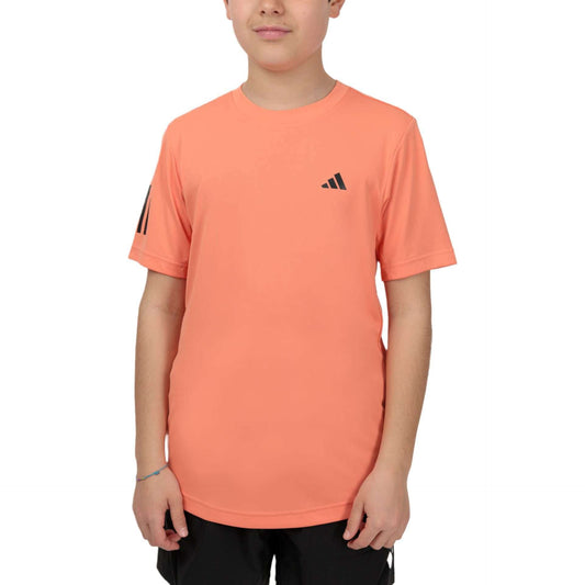 A close-up of the Adidas Boy's Club 3-Stripe Tee with the Adidas logo on the front