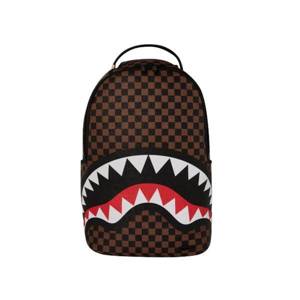 Sprayground Enlarged Check Paris DLXSV backpack featuring a large check pattern with multiple zip compartments and padded shoulder straps.