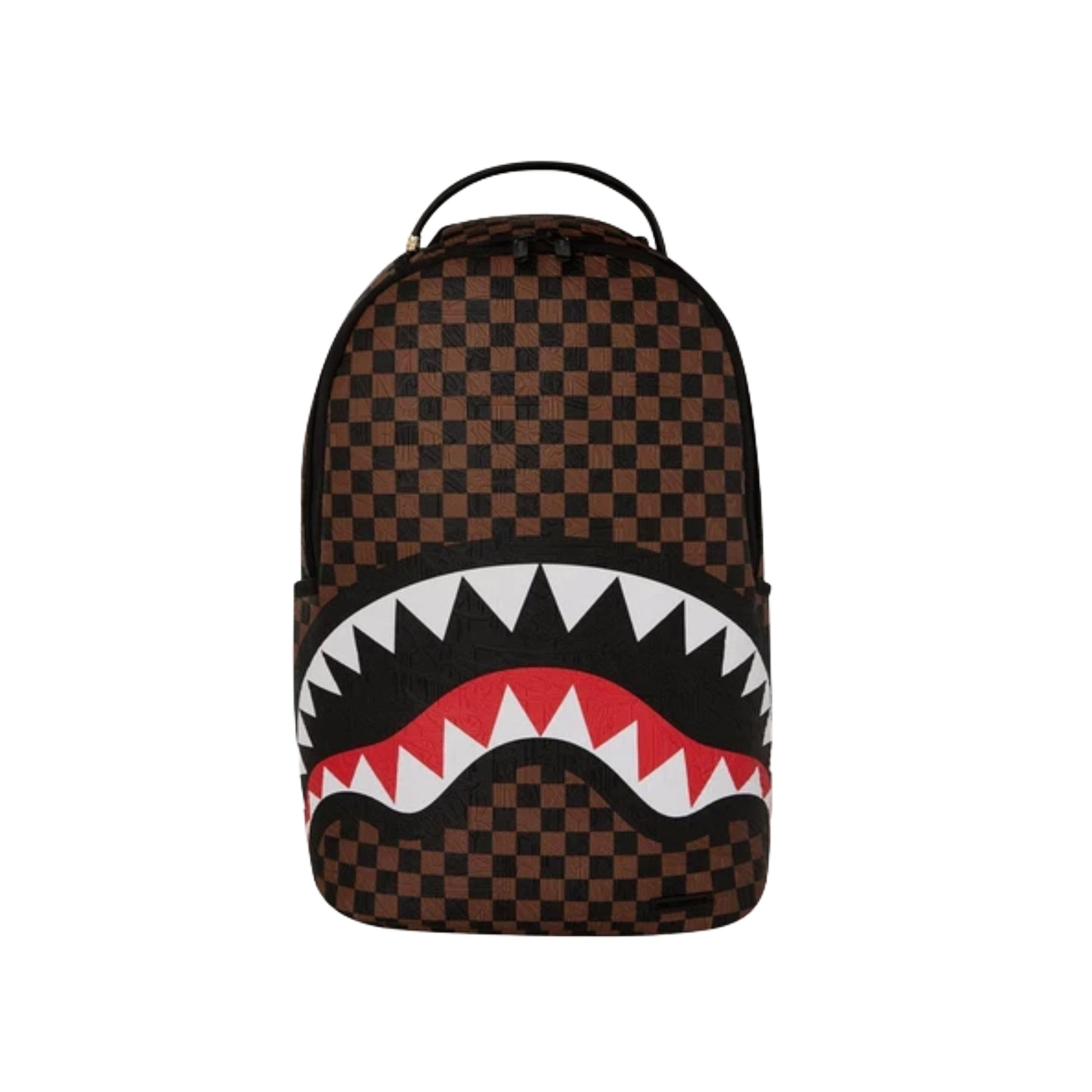 Sprayground Enlarged Check Paris DLXSV backpack featuring a large check pattern with multiple zip compartments and padded shoulder straps.