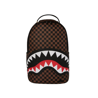 Sprayground Enlarged Check Paris DLXSV backpack featuring a large check pattern with multiple zip compartments and padded shoulder straps.