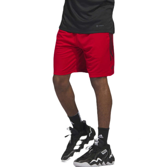 A pair of black Adidas Legends 3-Stripes basketball shorts with white stripes and a white Adidas logo