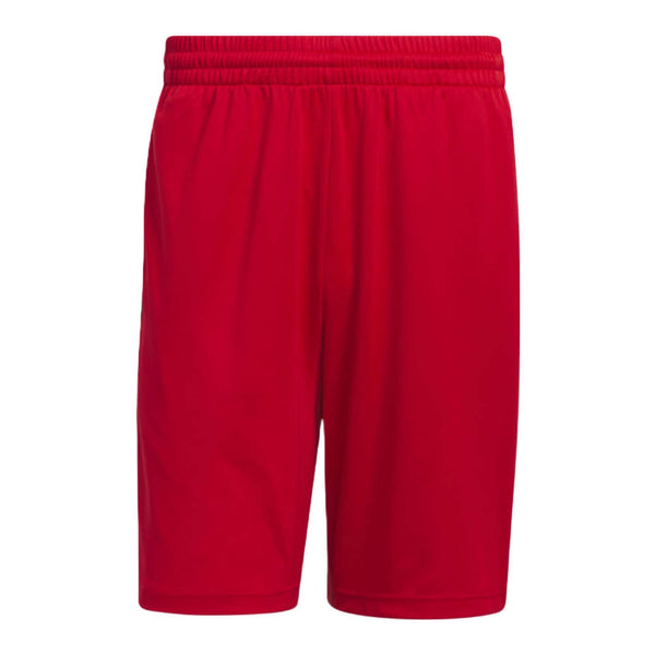 A pair of black Adidas Legends 3-Stripes basketball shorts with white stripes and a white Adidas logo