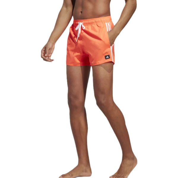 A pair of black Adidas 3-Stripes CLX Swim Shorts with white stripes and a small Adidas logo.