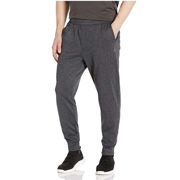 A pair of charcoal Skechers jogger pants for men with a logo on the left leg