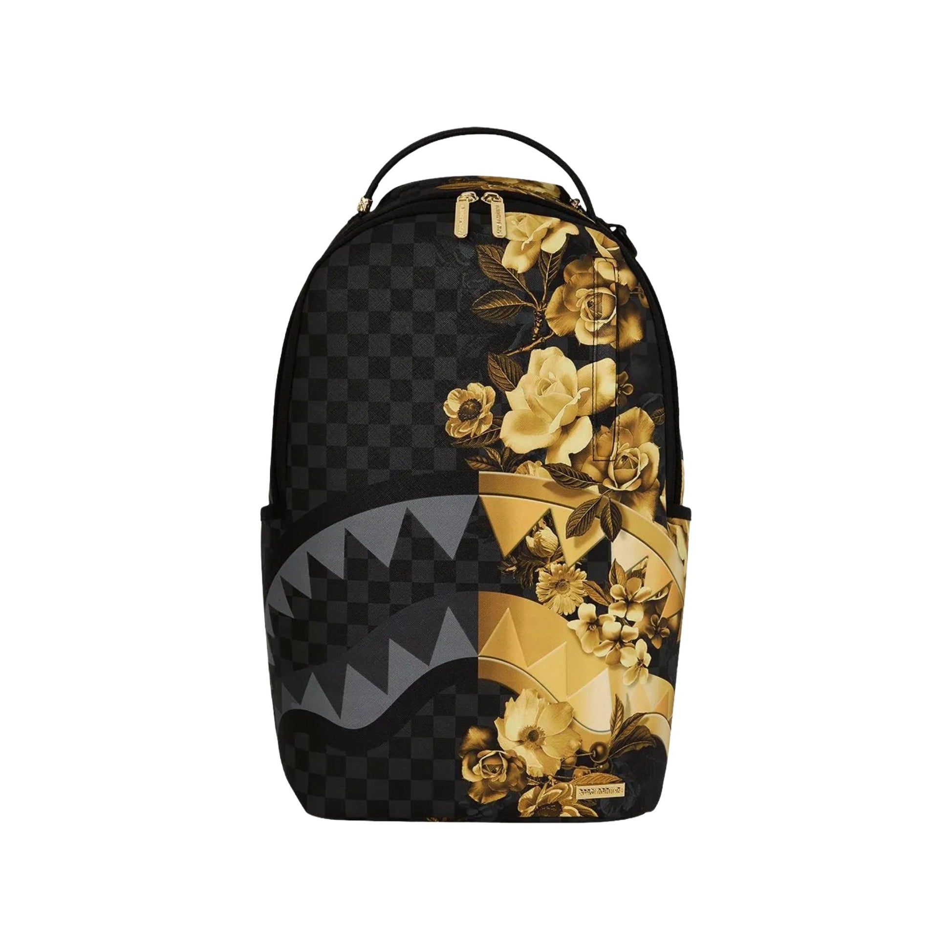 Sprayground Gold Floral Remix DLXSV backpack featuring gold floral patterns with multiple zip compartments and padded shoulder straps.