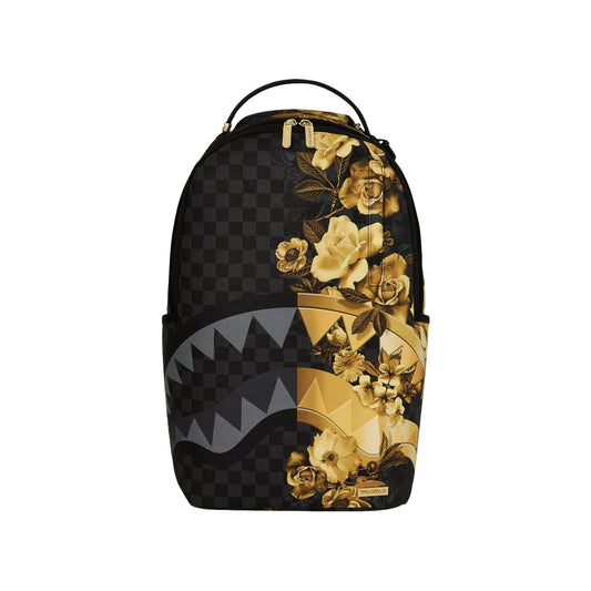 Sprayground Gold Floral Remix DLXSV backpack featuring gold floral patterns with multiple zip compartments and padded shoulder straps.