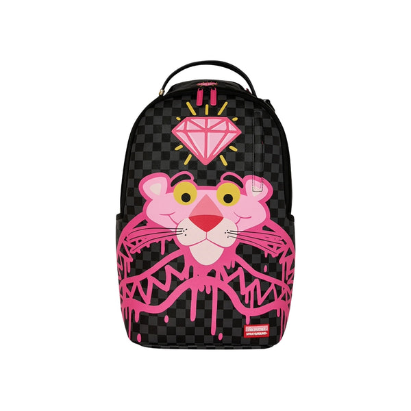 Sprayground Pink Panther Drippy Diamonds DLXSV backpack featuring Pink Panther graphics with dripping diamond design and multiple zip compartments