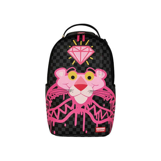 Sprayground Pink Panther Drippy Diamonds DLXSV backpack featuring Pink Panther graphics with dripping diamond design and multiple zip compartments