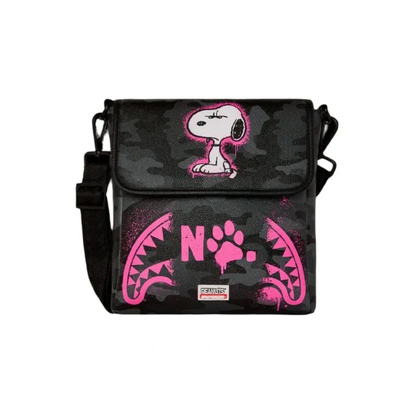 Sprayground Peanuts Snoopy Pink Stencil DLXSV messenger sling bag featuring pink Snoopy stencil graphics with a compact crossbody design and zippered compartments.