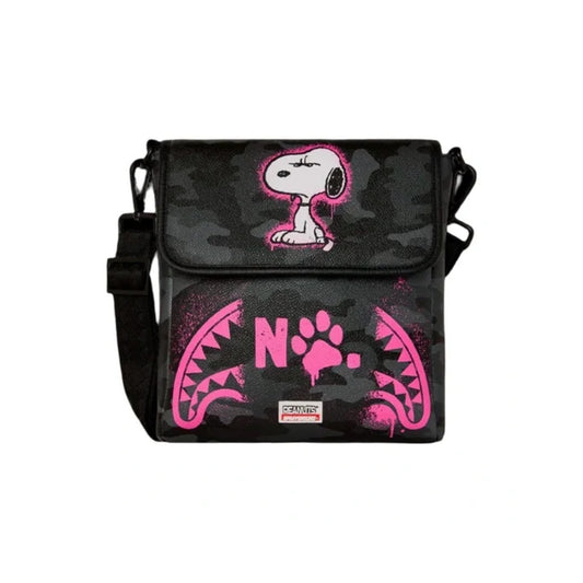 Sprayground Peanuts Snoopy Pink Stencil DLXSV messenger sling bag featuring pink Snoopy stencil graphics with a compact crossbody design and zippered compartments.