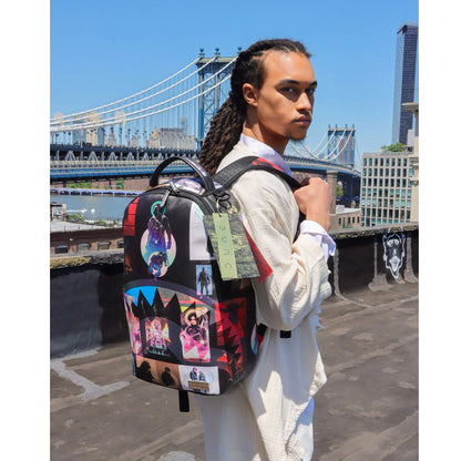 Sprayground Dune Collage Backpack featuring a vibrant, eclectic mix of patterns and designs inspired by desert landscapes.