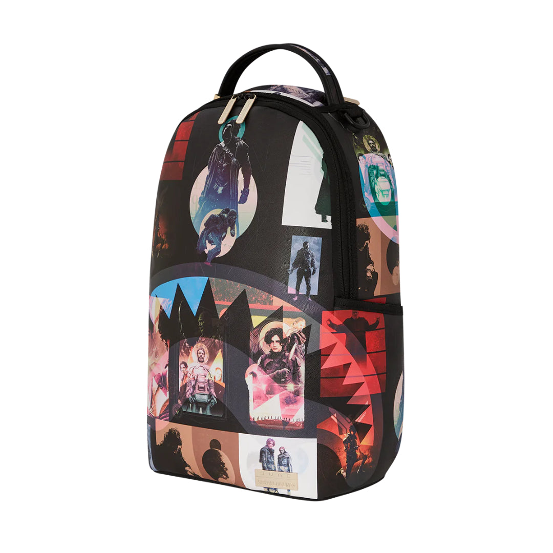 Sprayground Dune Collage Backpack featuring a vibrant, eclectic mix of patterns and designs inspired by desert landscapes.
